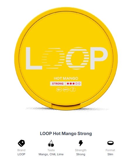 LOOP Hot Mango Strong 8.6mg Nicotine Pouches Can of LOOP Hot Mango Strong 8.6mg all white nicotine pouches from Loop pouches Australia shop | loop hot mango strong 8 6mg nicotine pouches.jpg