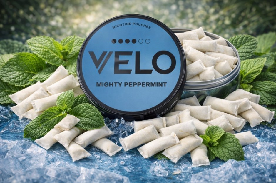 VELO Mighty Peppermint 17mg Slim All-White Portions Open can showing slim all white portions of VELO Mighty Peppermint 17mg extra strong nicotine pouches