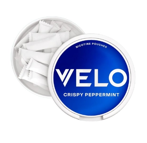 VELO Crispy Peppermint Pouch View Open can displaying VELO Crispy Peppermint 10mg white slim portions | velo crispy peppermint 10mg pouch open can.jpg
