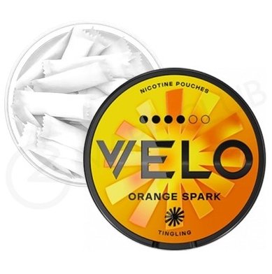 VELO Orange Spark Open Can Detail VELO Orange Spark 15mg open can displaying white slim portions